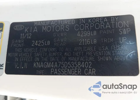 2013 Kia Optima Lx из США, поврежденный, VIN KNAGM4A75D5358402